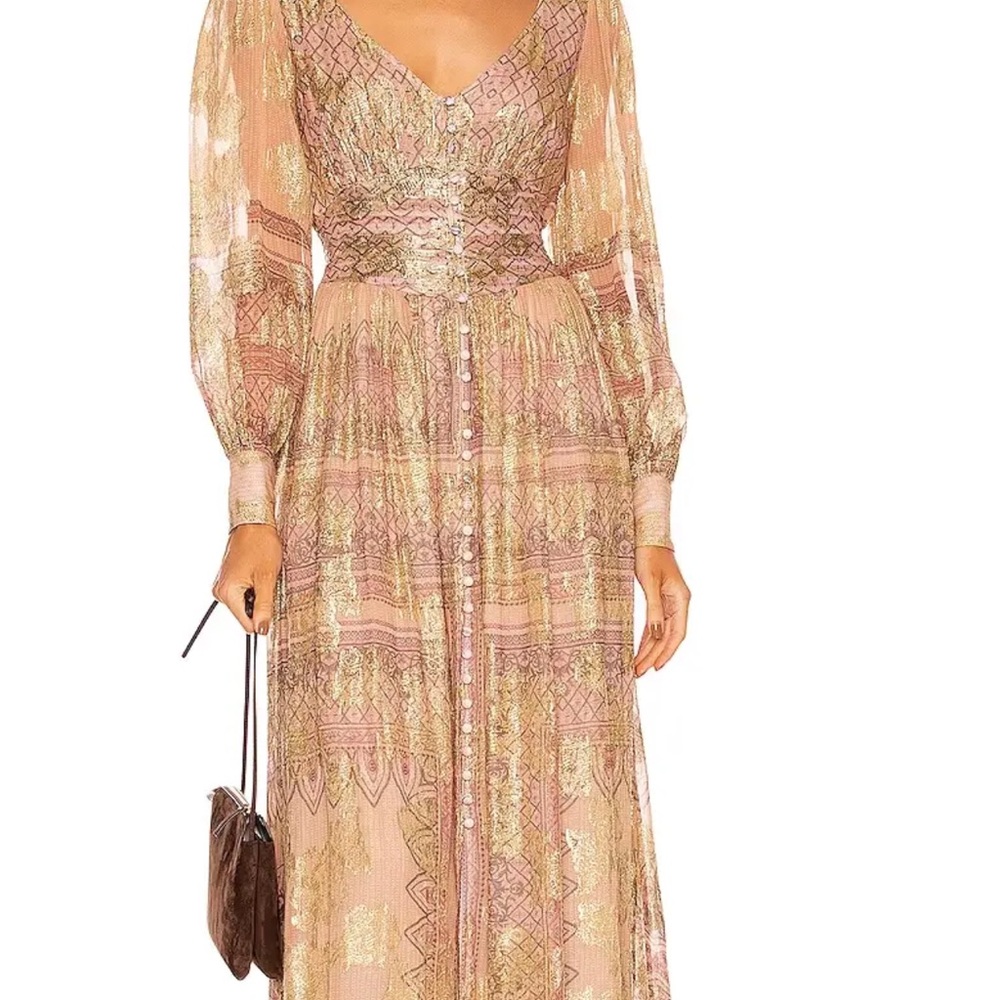 HEMANT AND NANDITA
Noor V Neck Maxi Dress Bohemian Maxi Dress in Beige and Pink